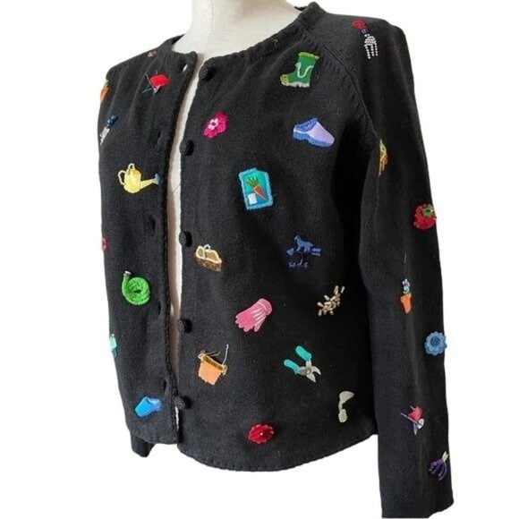 Michael Simon Cardigan Spring Gardener Sweater Wearable Art Black Small vintage - Picture 2 of 13